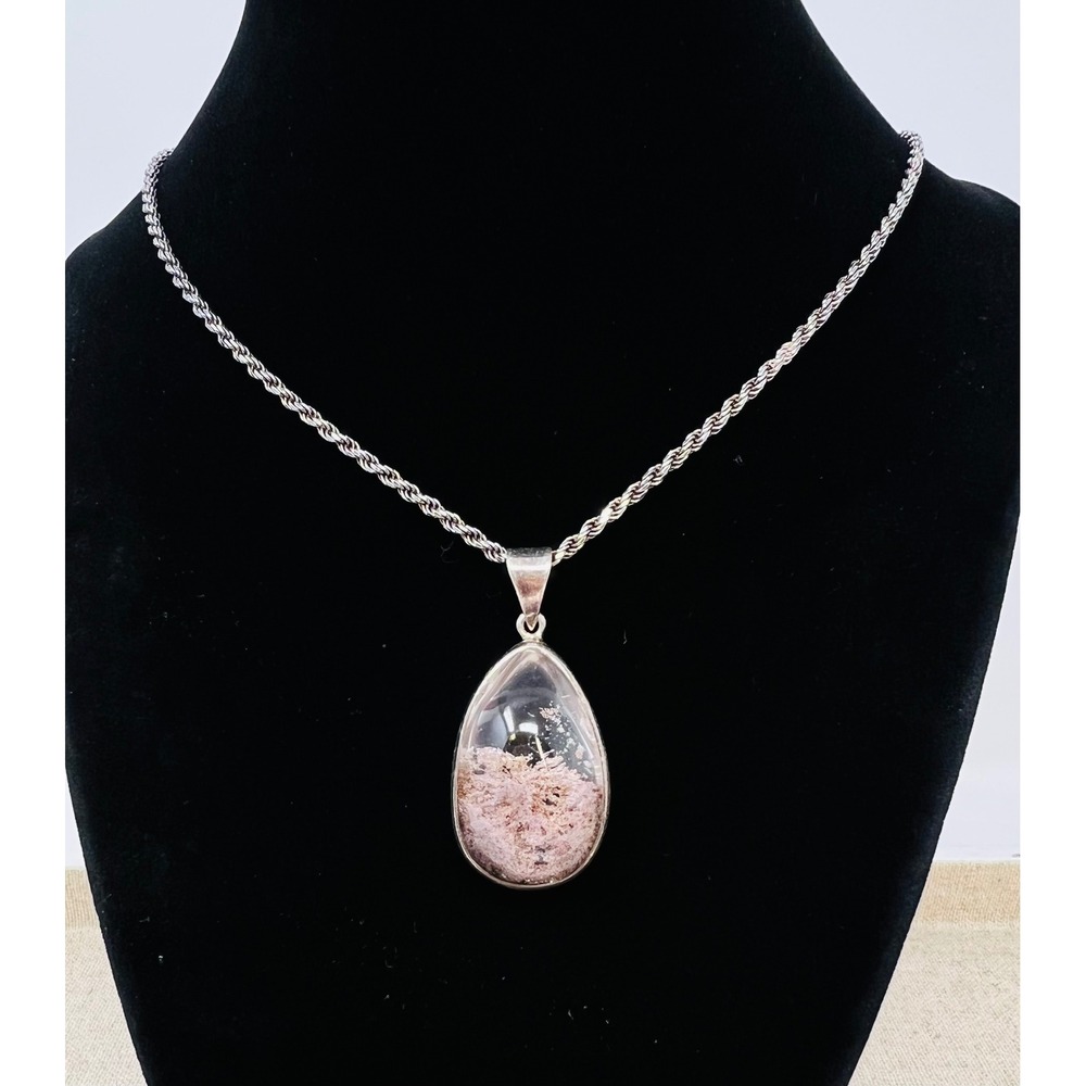 Sterling Silver Lodolite Phantom Garden Quartz Teardrop Pendant Rope Chain 925